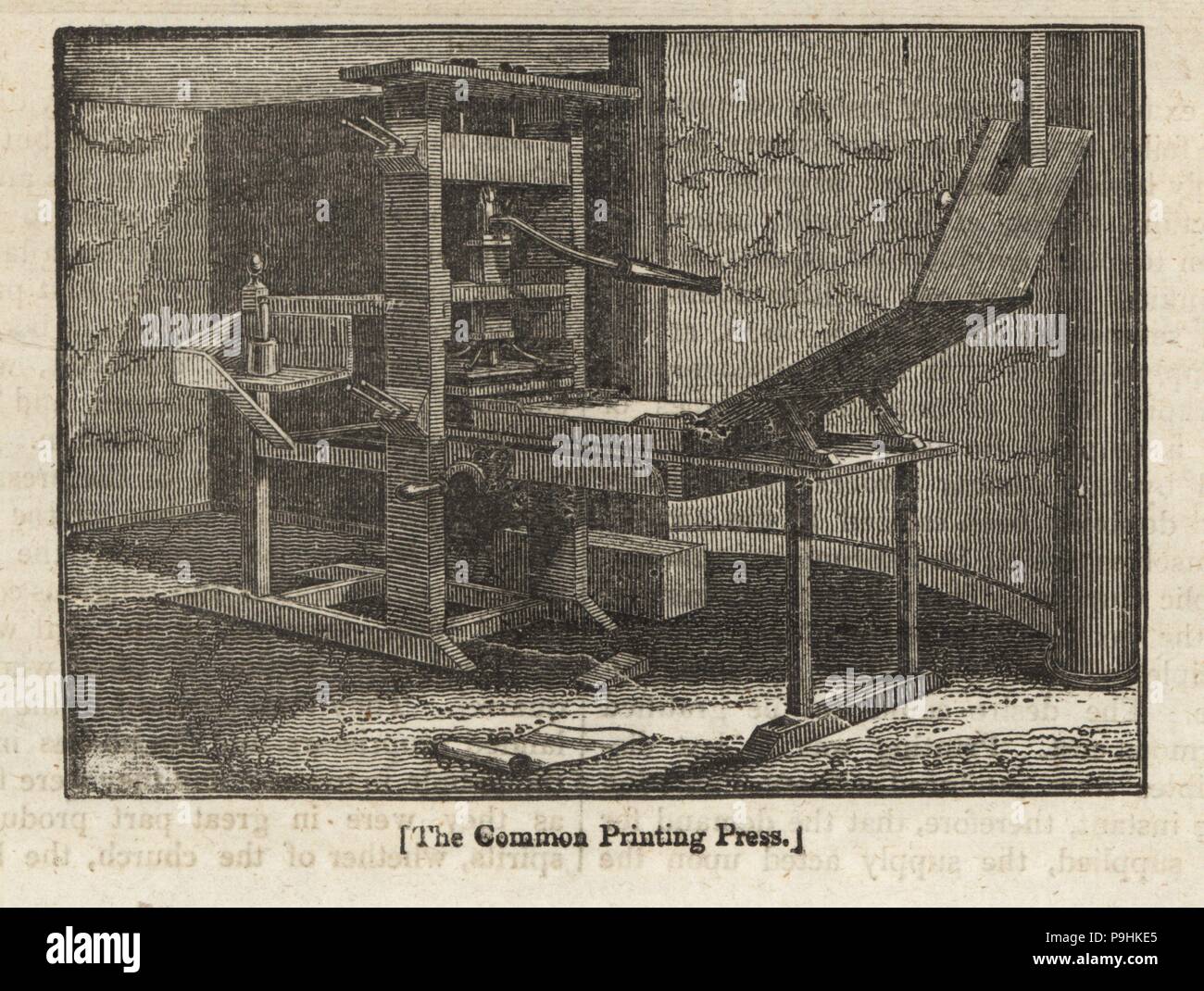 Willem Jansen Blaew's new-fashioned printing press commonly used in Europe in the early 19th century. Woodblock engraving from the Penny Magazine, Society for the Diffusion of Useful Knowledge, 1833. Stock Photo