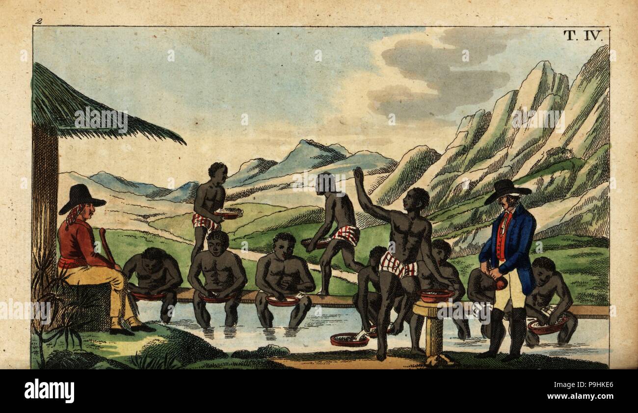 African slaves washing for diamonds guarded by overseers with guns in Brazil. Handcoloured copperplate engraving from Gottlieb Tobias Wilhelm's Unterhaltungen aus der Naturgeschichte: Des Mineralreichs, Augsburg, 1828. Stock Photo