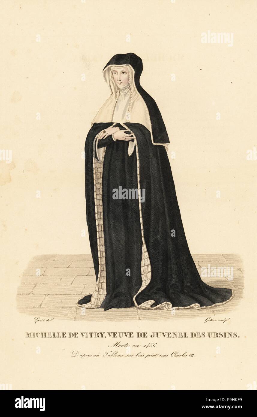Michelle de Vitry, widow of Jean Jouvenel des Ursins, died 1456. After her husband's death in 1431, she wore black mourning dress with the wimple and headband of a nun. From a painting on wood. After a painting on wood, era of King Charles VII. Handcoloured copperplate engraving by Georges Jacques Gatine after an illustration by Louis Marie Lante from Galerie Francaise de Femmes Celebres, Paris, 1827. Stock Photo