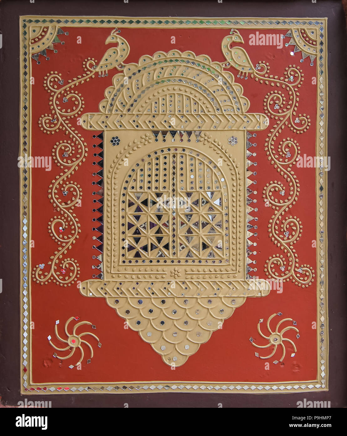 Traditional mural mud work of Gujarat India, Clay art for wall