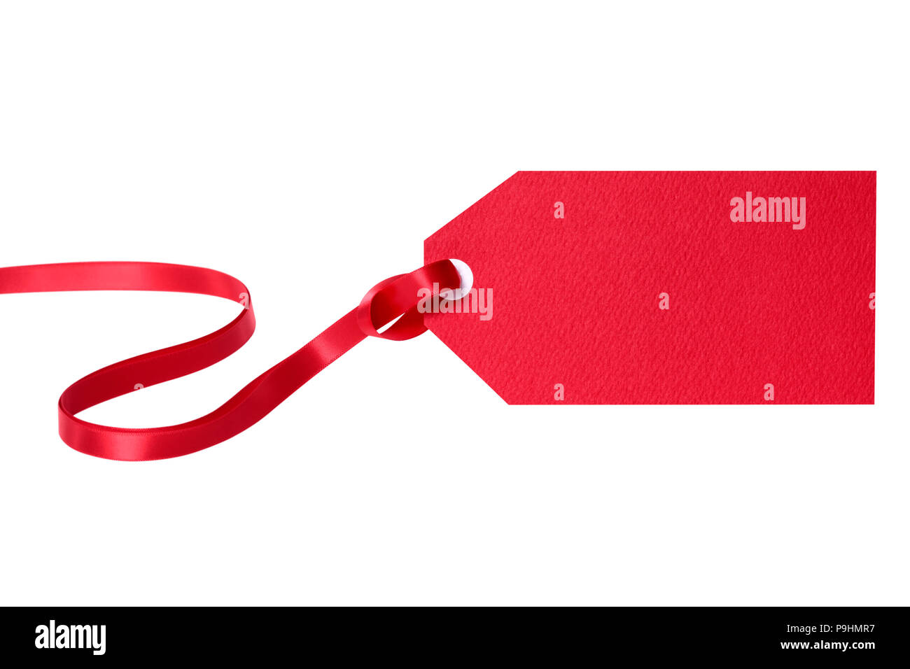 Red gift tag or price ticket with red curly ribbon isolated on white