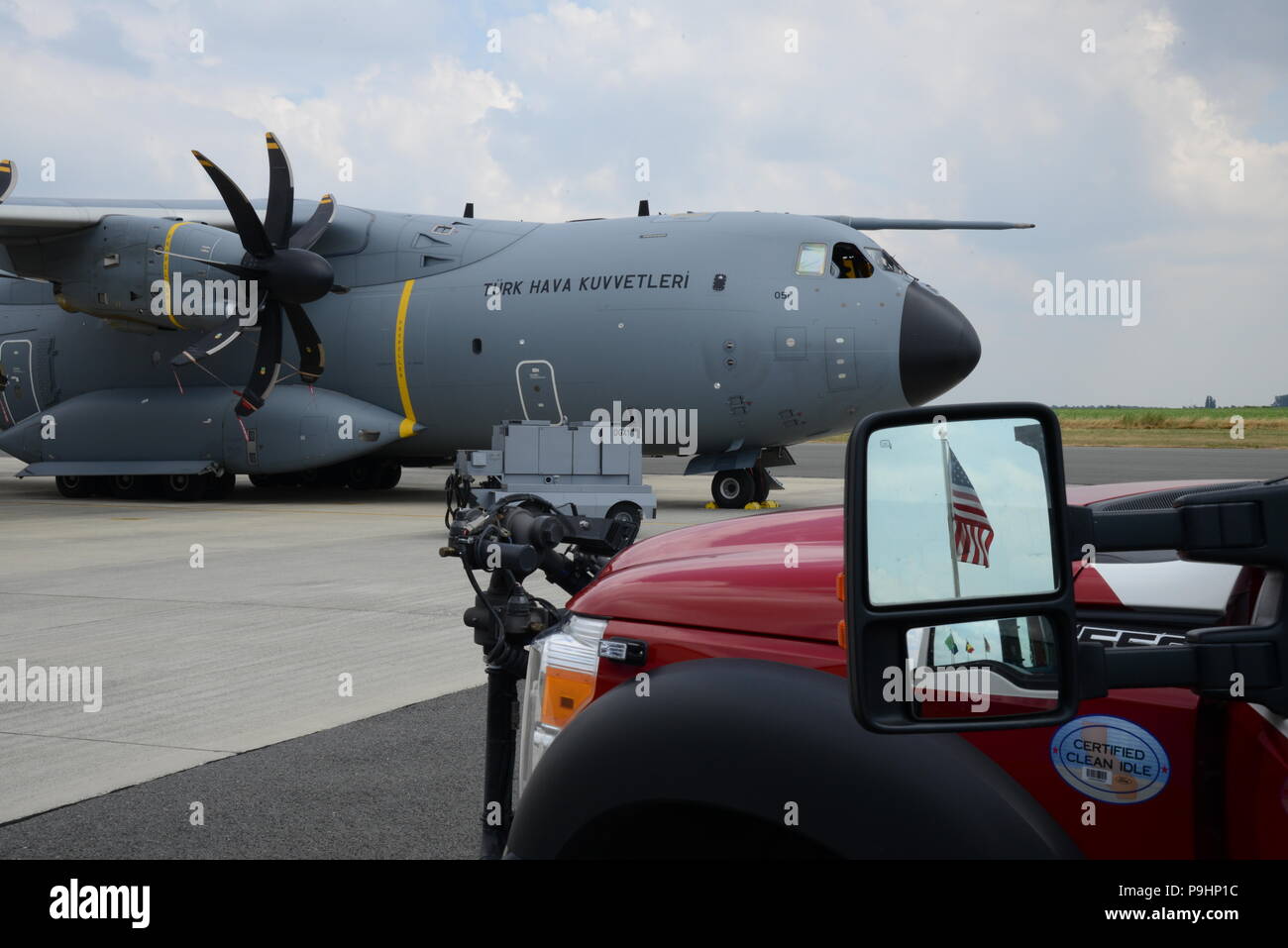 View of Turkish Airbus A400M during 424th Air Base Squadron' Fire fighter exercise, in Chièvres Air Base, Belgium, July 12, 2018. (U.S. Army photo by Visual Information Specialist Pascal Demeuldre) Stock Photo