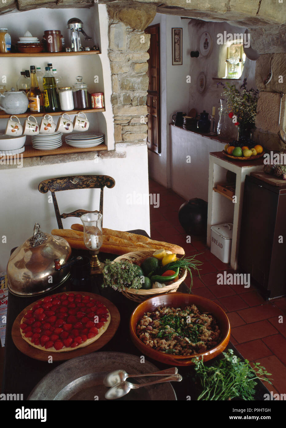 Food on the table in small cottage kitchen Stock Photo