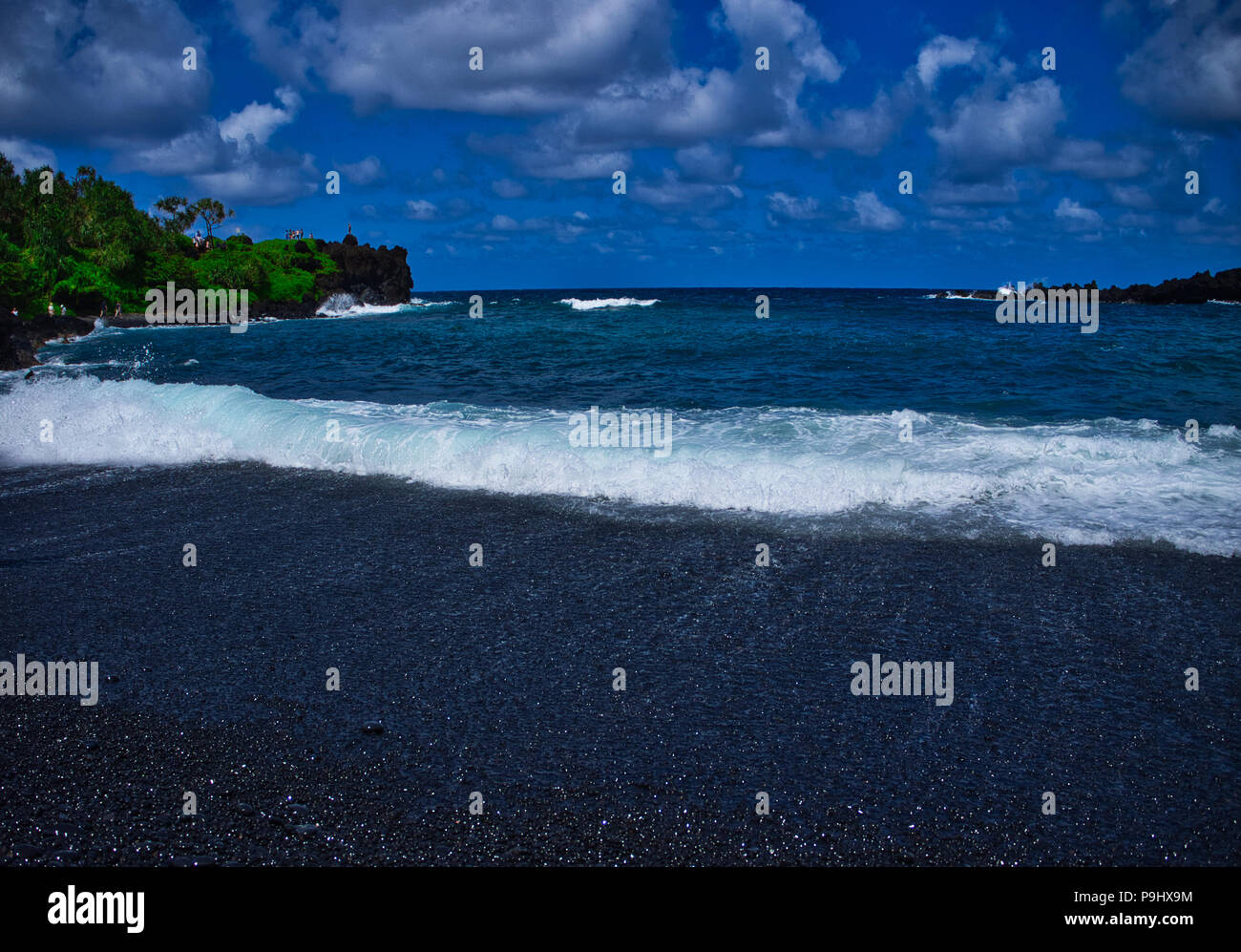 Waianapanapa State Park Maui Black Sand Beach View of Beach Stock Photo