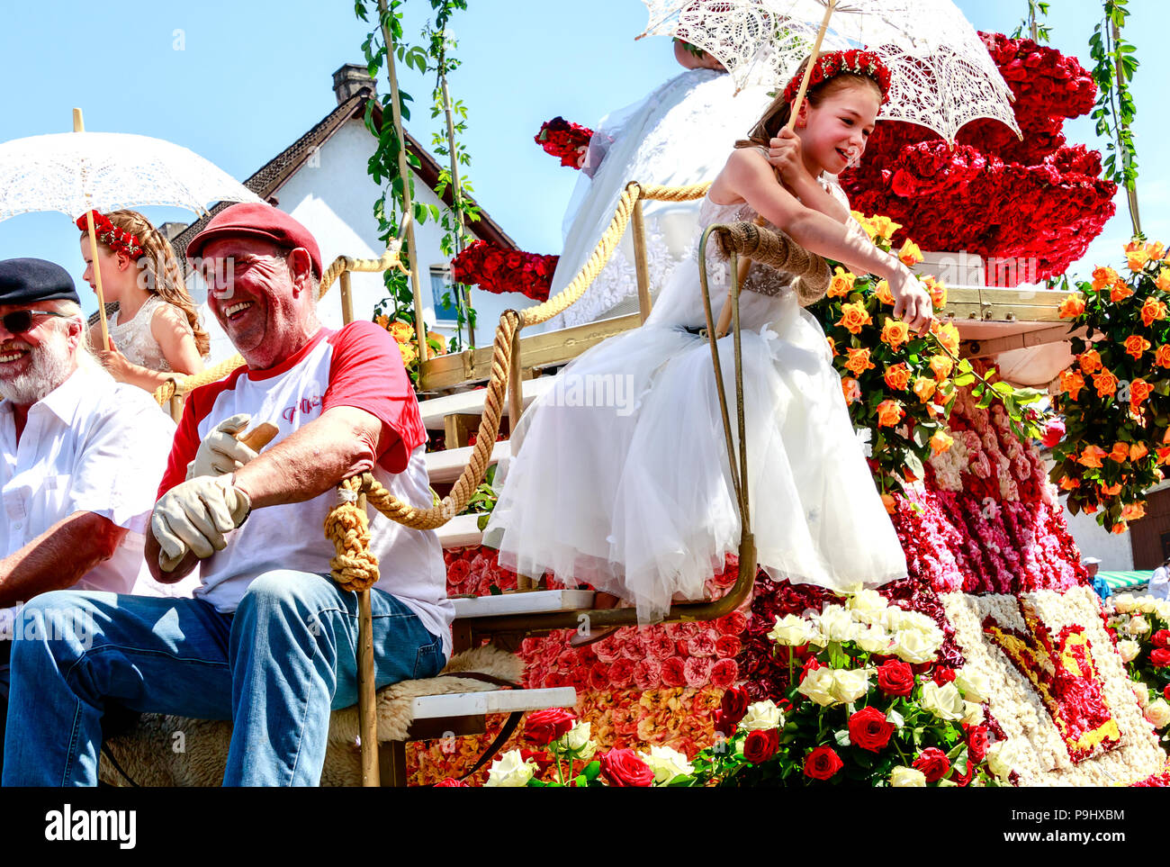 STEINFURTH, GERMANY-JULY 15, 2018: Traditional Rose festival in Bad Nauheim suburb Steinfurth, the oldest rose village in Germany. Stock Photo