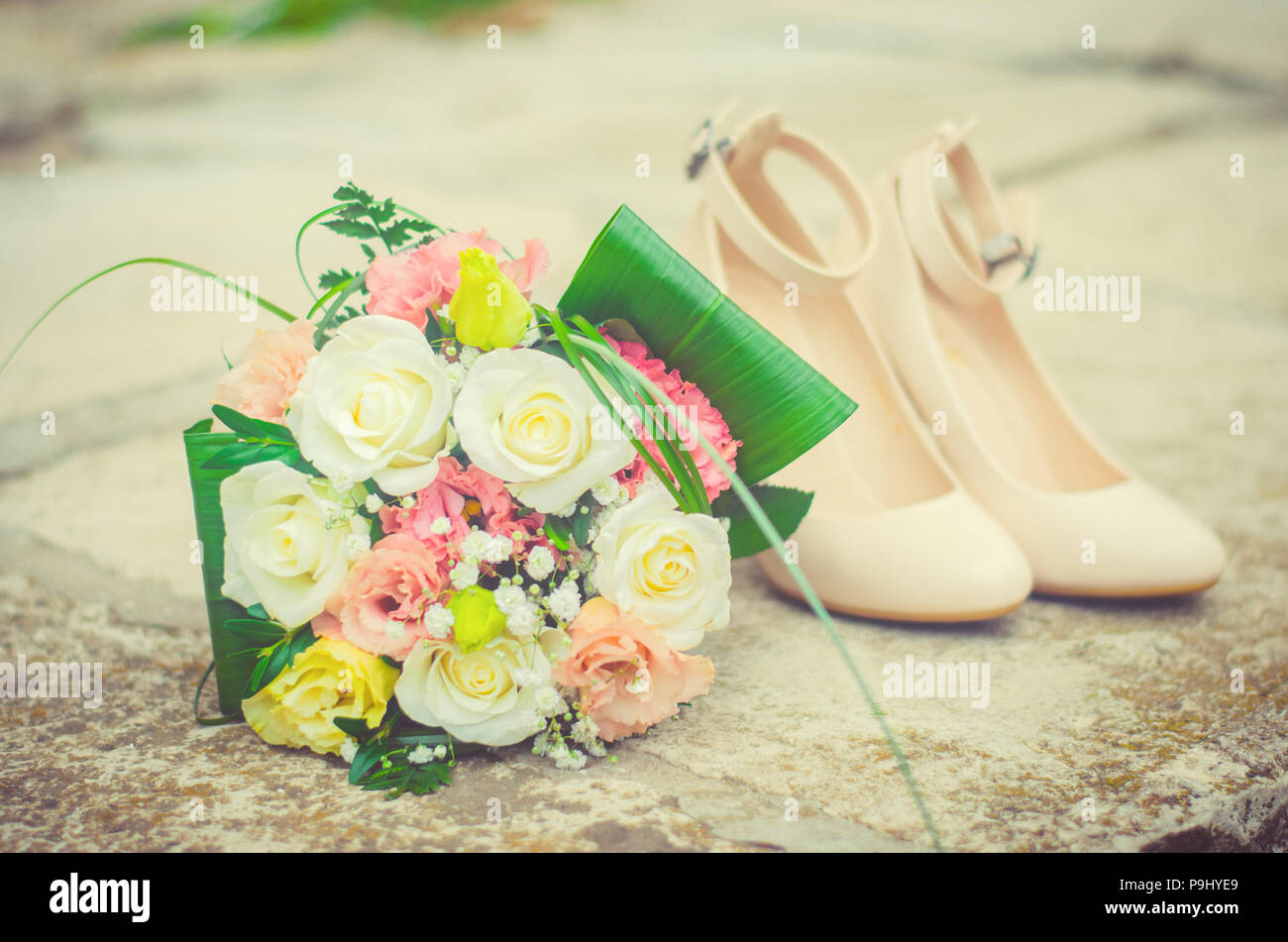 Bridal Bouquet And Shoes Beautiful Wedding Decoration Stock Photo
