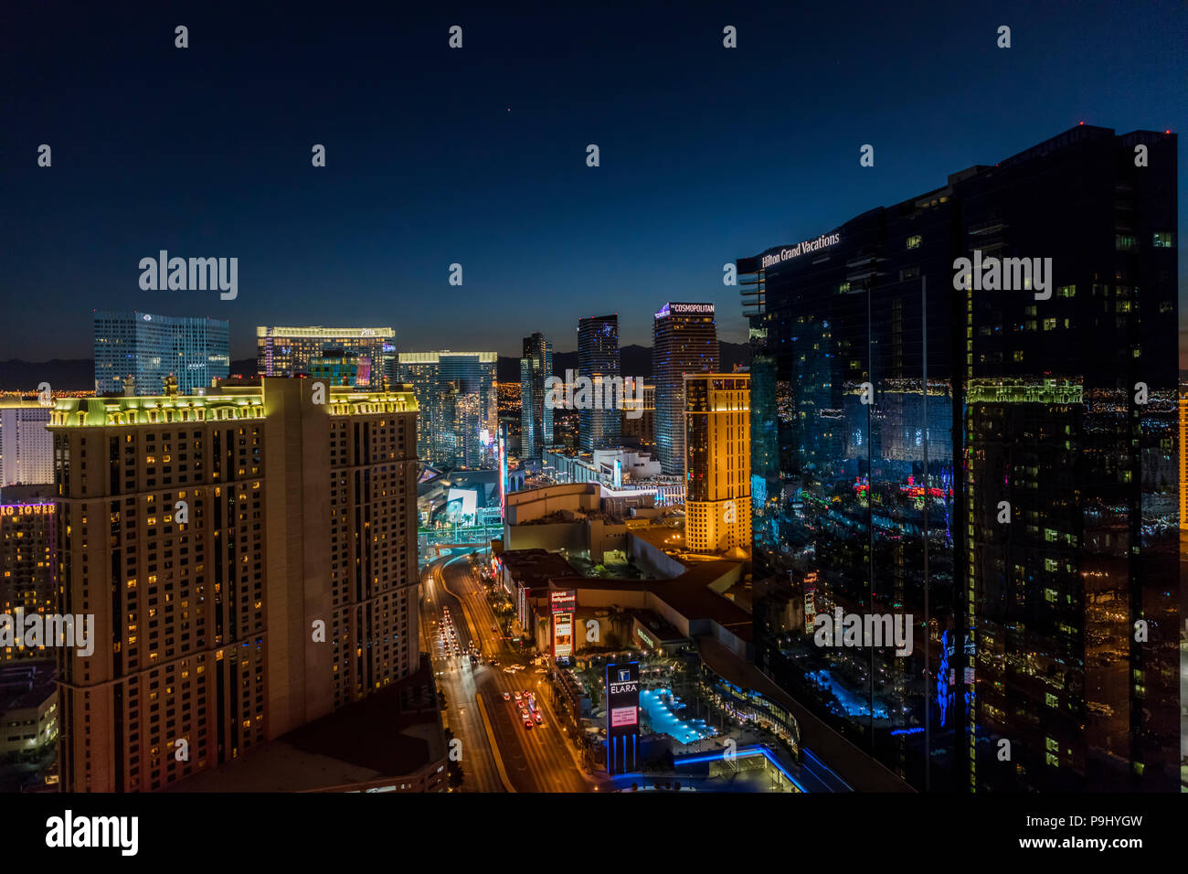 Elevated view of The Strip, Las Vegas, Nevada, USA. Hilton Grand Vacations Hotel and Casino in the centre. Night photography. Stock Photo