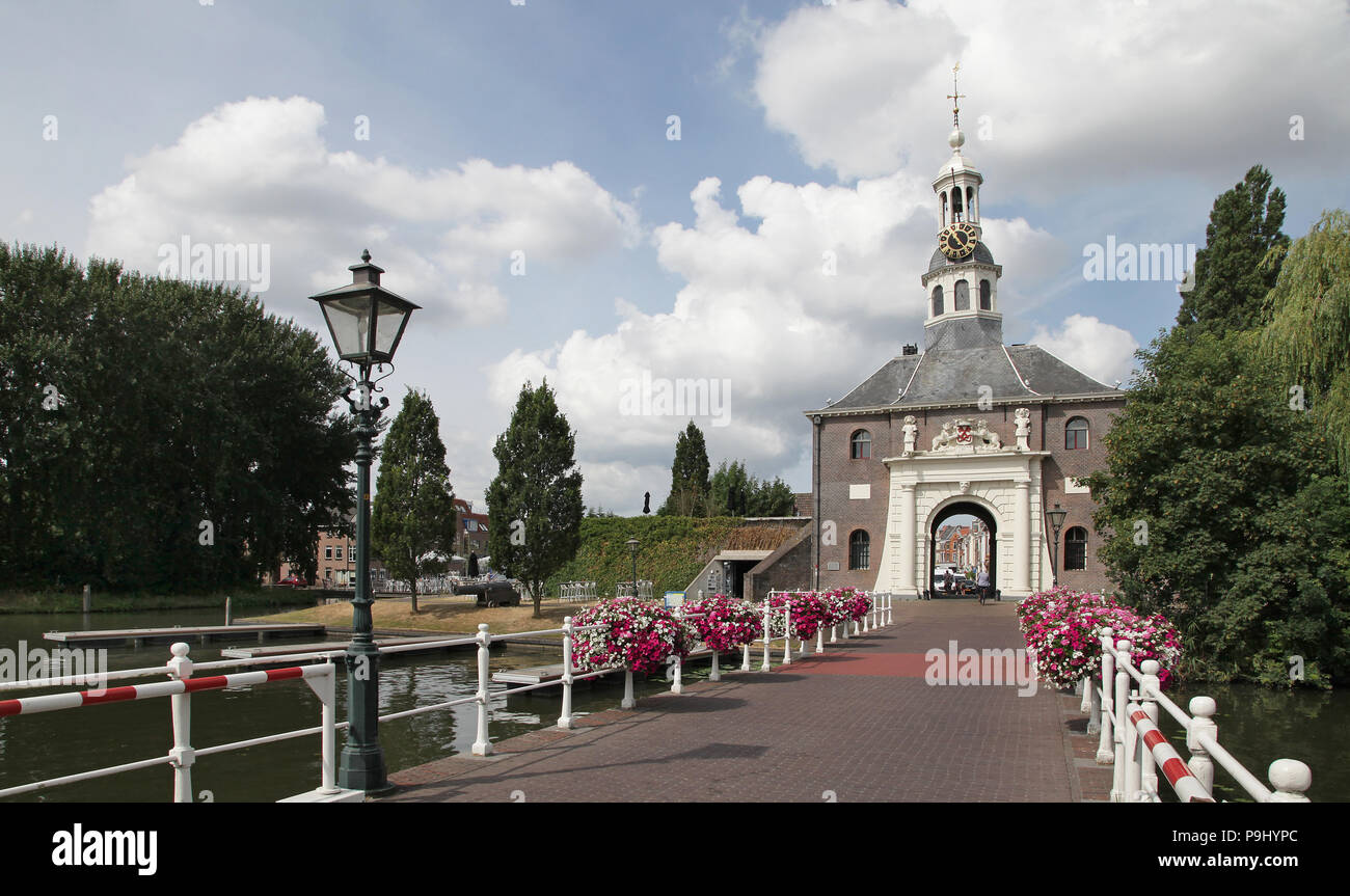 City Gate Zijlpoort in Leiden  at the Singel tourist landmark in the Netherlands Stock Photo