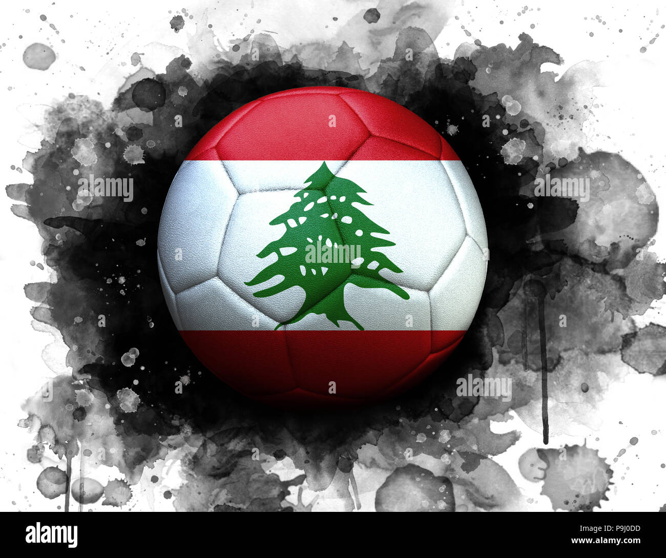 Soccer ball with flag of Lebanon, close up, watercolor effect on white background Stock Photo