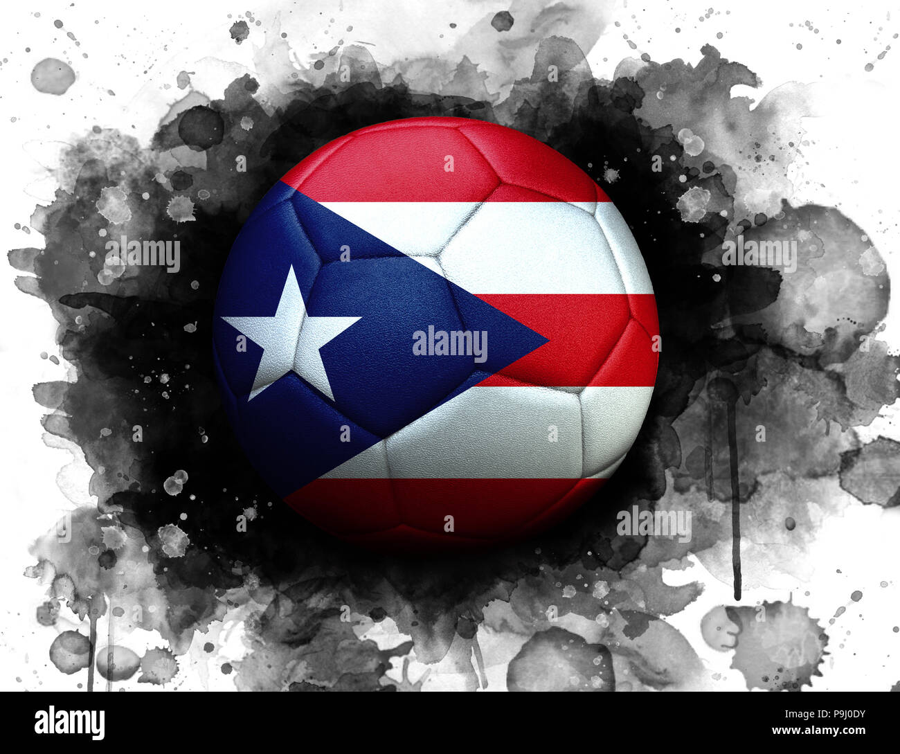 Soccer ball with flag of Puerto Rico, close up, watercolor effect on