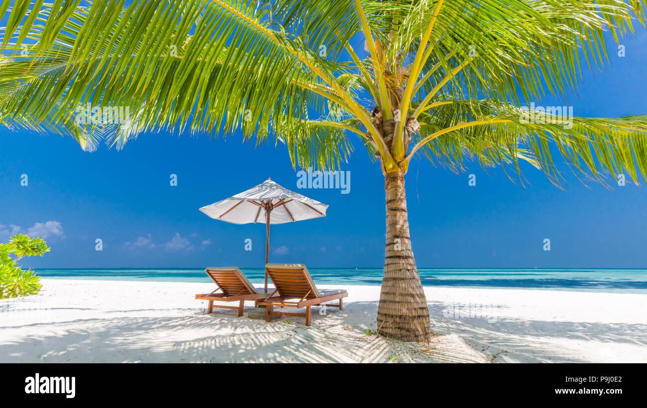 Tranquil beach scene. Exotic tropical beach landscape for background or wallpaper. Design of summer vacation holiday concept. Stock Photo