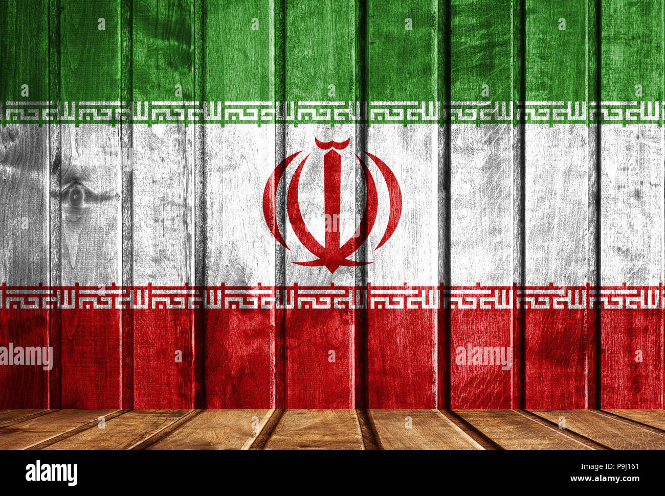 Wooden background with a flag of Iran. There is a place for your text in the photo. Stock Photo