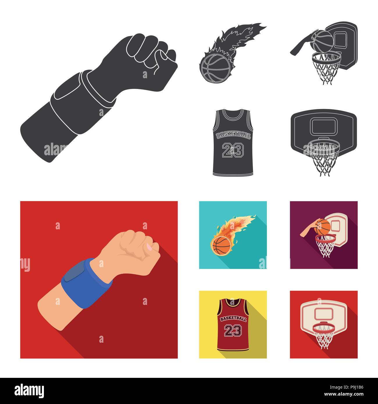 Basketball and attributes black, flat icons in set collection for ...