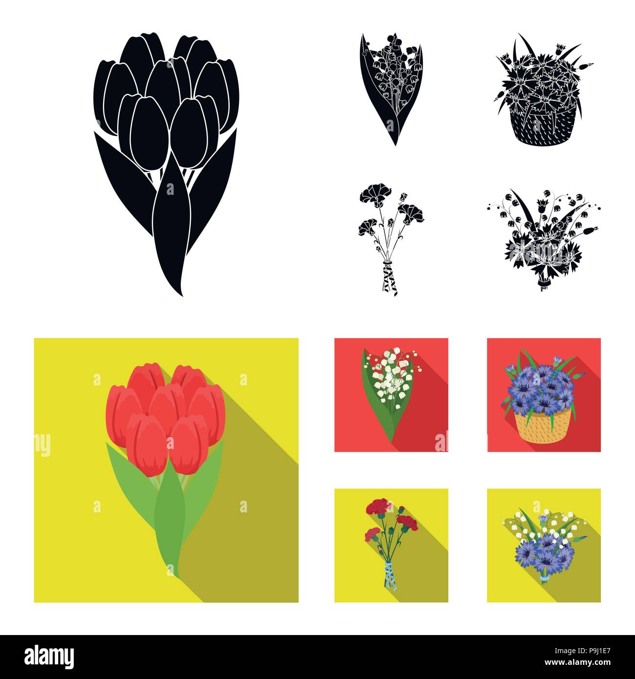 A bouquet of fresh flowers black, flat icons in set collection for ...