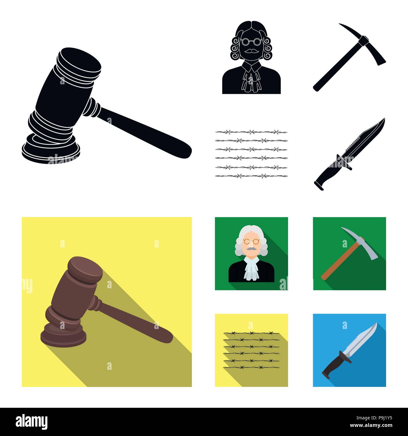 Judge, wooden hammer, barbed wire, pickaxe. Prison set collection icons ...