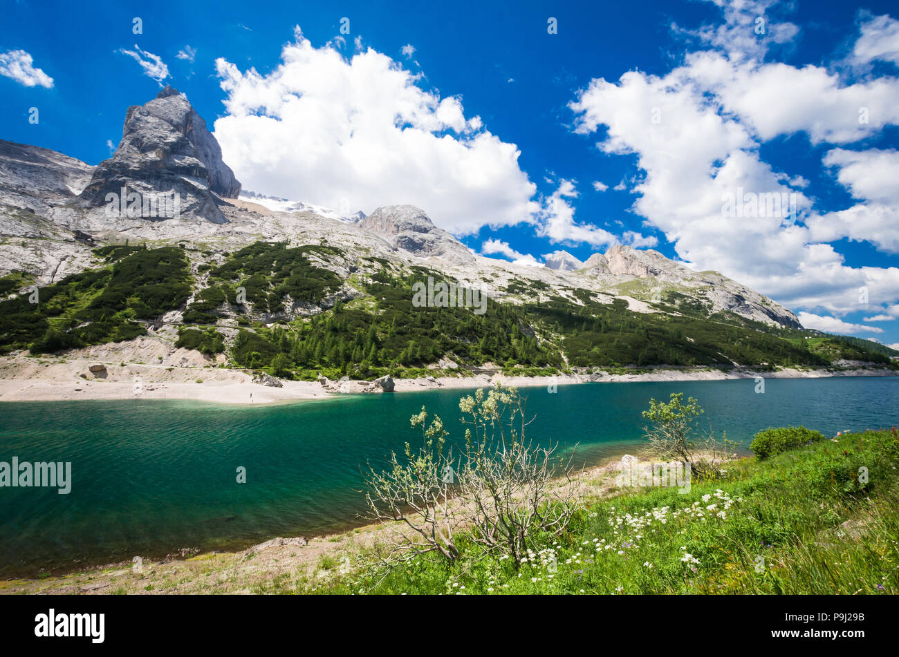 Lago Fedaia - Fedaia Lake, Dolomiti mountain Italy. Marmolada massif in Trentino Alto Adige, South Tyrol italian Dolomites Stock Photo