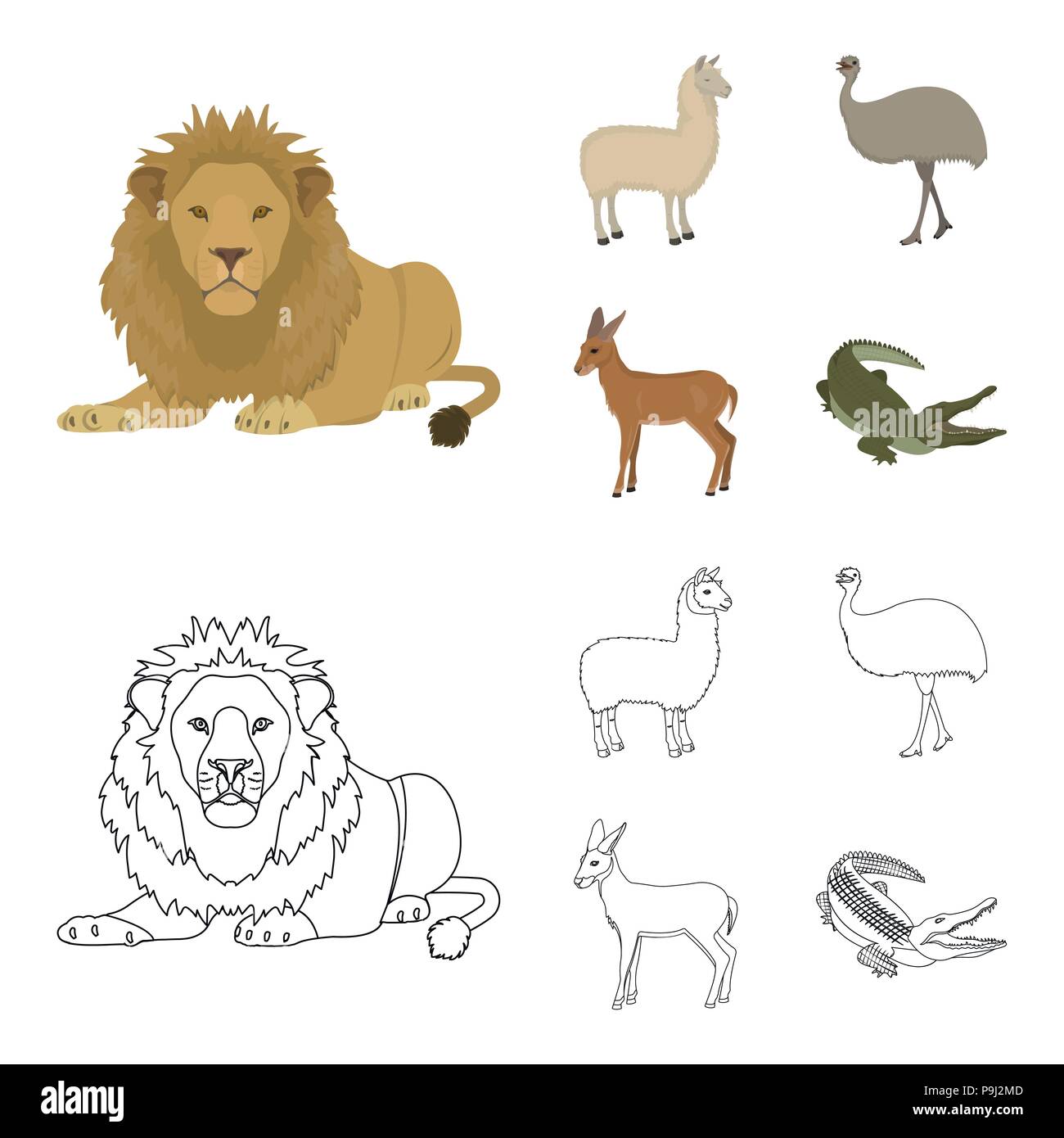 lama, ostrich emu, young antelope, animal crocodile. Wild animal, bird, reptile set collection icons in cartoon,outline style vector symbol stock illu Stock Vector