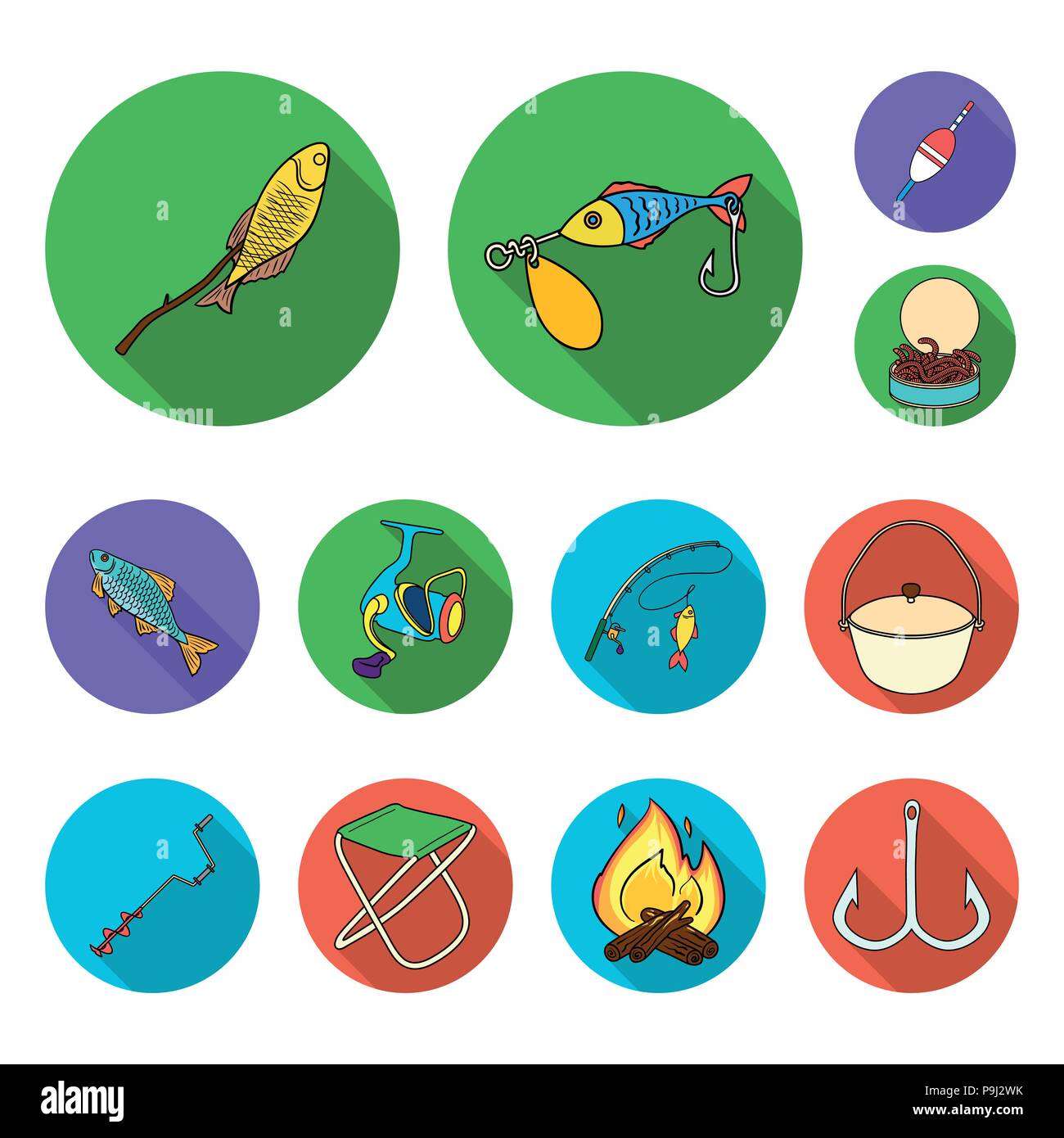 Fishing and rest flat icons in set collection for design. Tackle for fishing vector symbol stock  illustration. Stock Vector