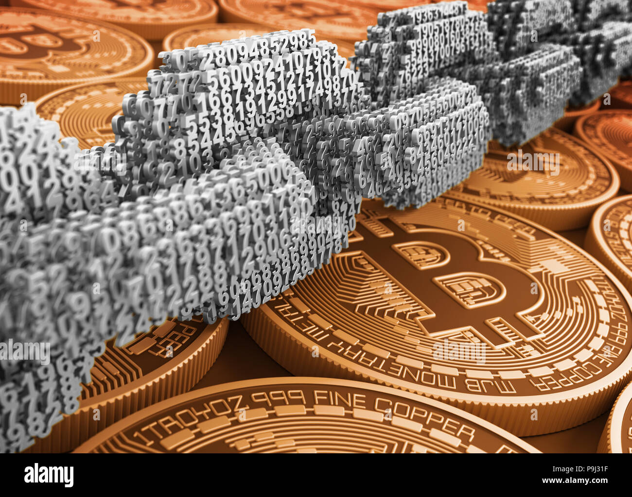 Silver Digital Chain Of Interconnected 3D Numbers On Golden Bitcoins. 3D Illustration. Stock Photo