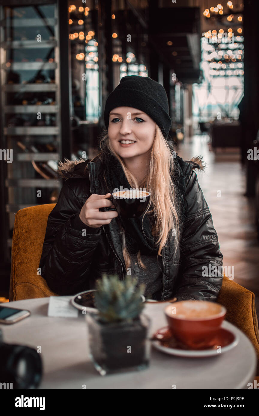 girl drinking coffee Stock Photo