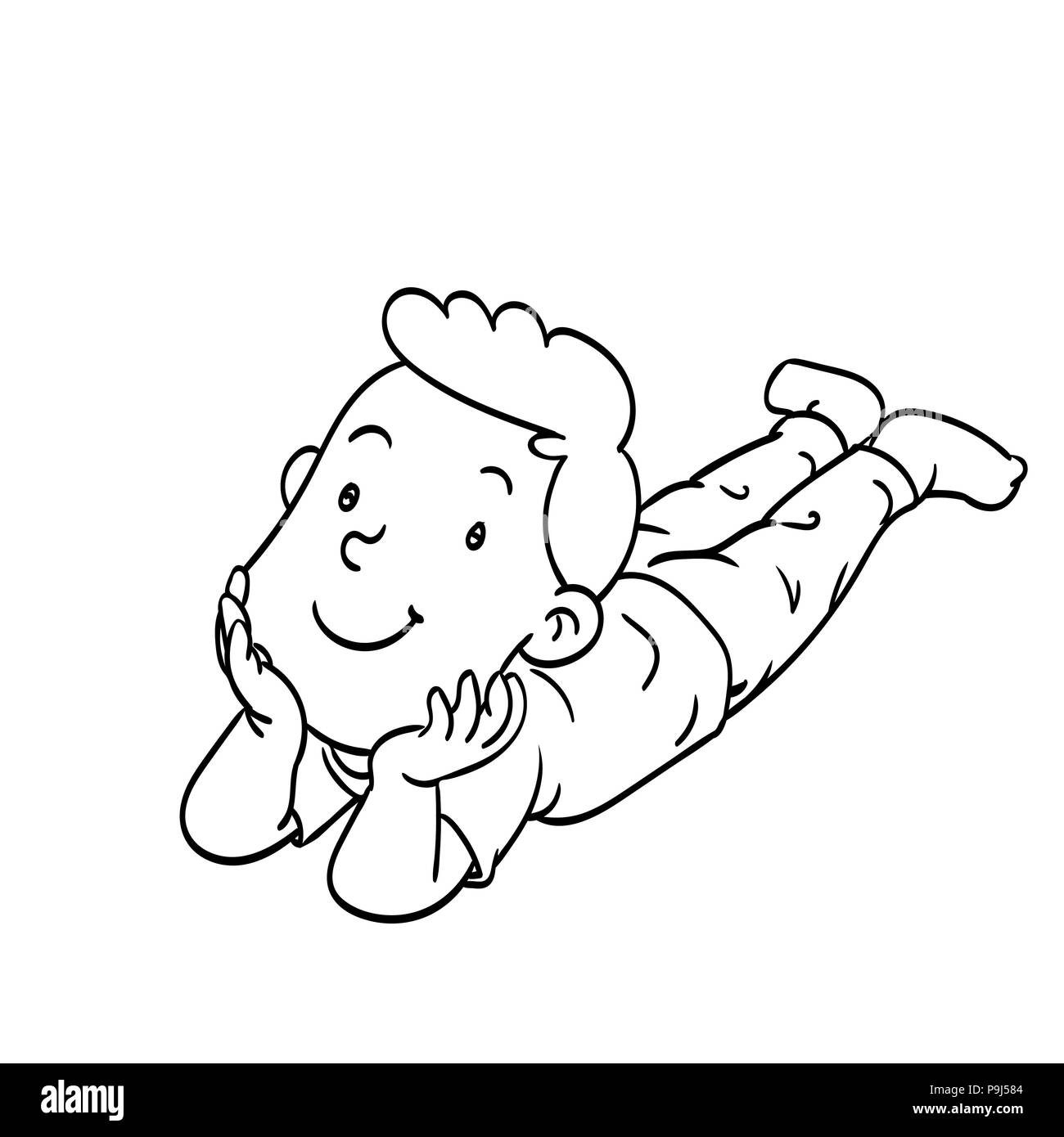 Hand drawn of a laying boy. Coloring book  educational for kids,  Coloring Cartoon Illustration. Stock Vector