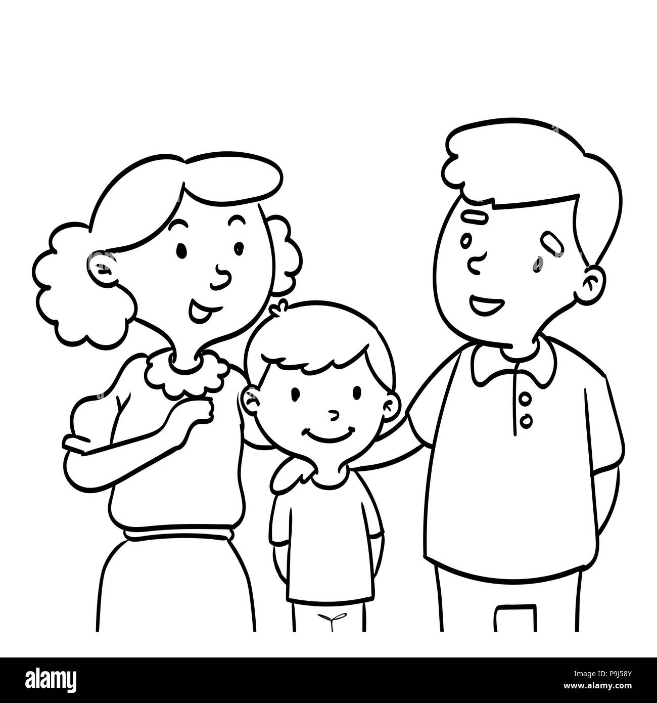 Hand drawn of Happy Family. Coloring book  educational for kids, Coloring Cartoon Illustration - line drawing illustration. Stock Vector