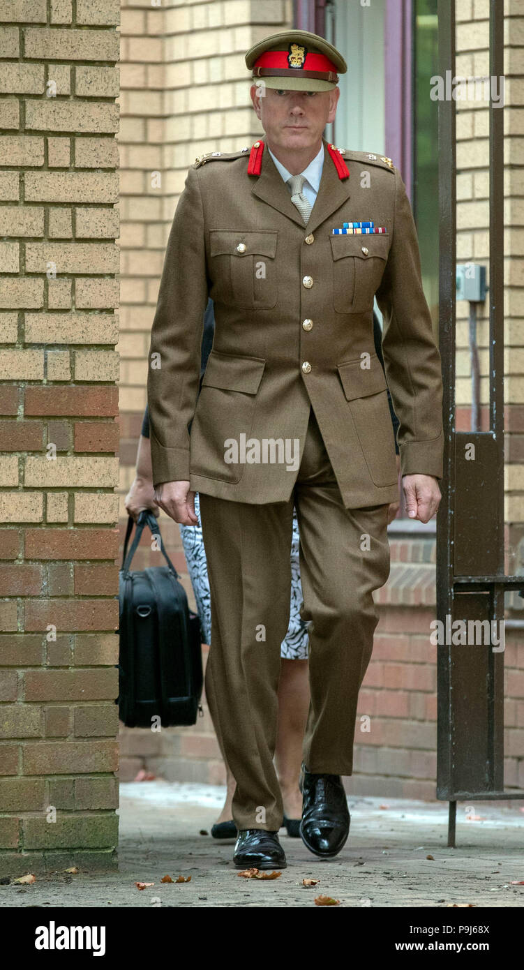 Brigadier Chris Coles arrives at Woking Coroner's Court, ahead of the verdict of the inquest into the death of Private Sean Benton at Deepcut Army Barracks. The 20-year-old was found with five bullets in his chest at the Surrey base in June 1995, shortly after he had been told he was to be discharged from the military. Stock Photo