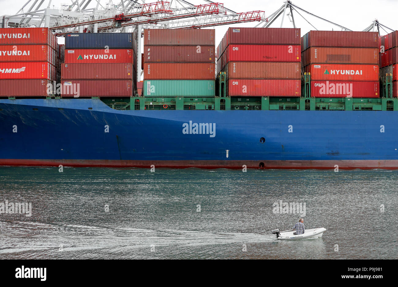 A small RIB makes it's way past the container ship Hyundai Dynasty as ...
