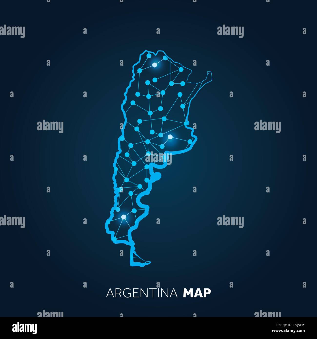 Map of Argentina made with connected lines and glowing dots. Stock Vector