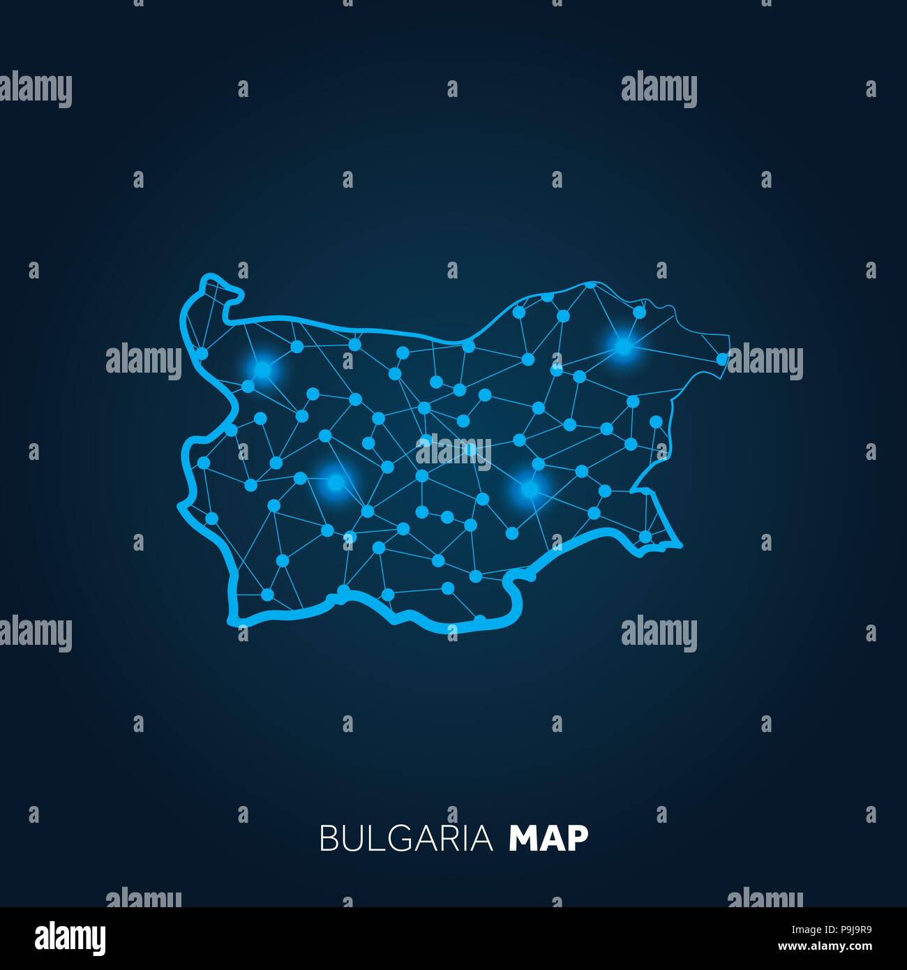 Map of Bulgaria made with connected lines and glowing dots Stock Vector
