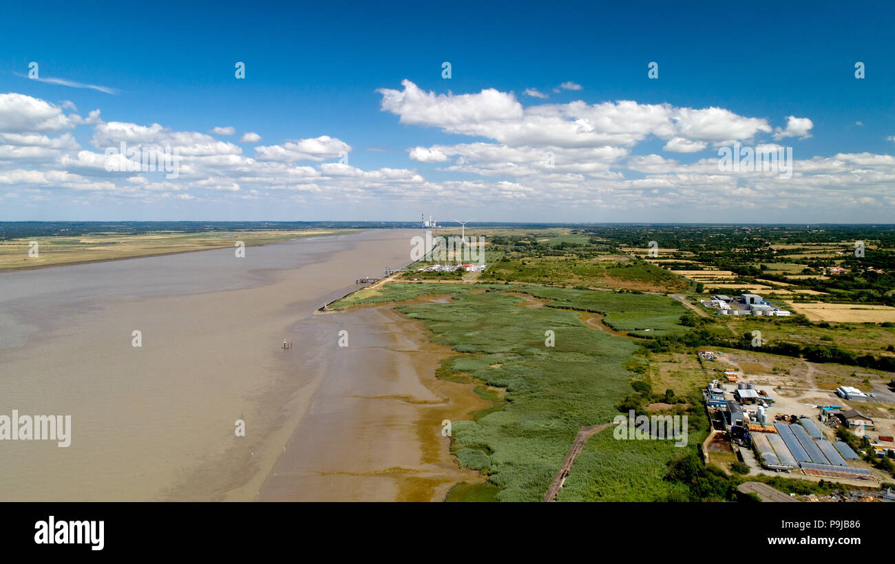 Aerial view of a wind turbine along the Loire river, France Stock Photo