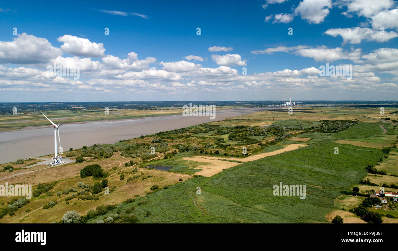Aerial view of a wind turbine along the Loire river, France Stock Photo