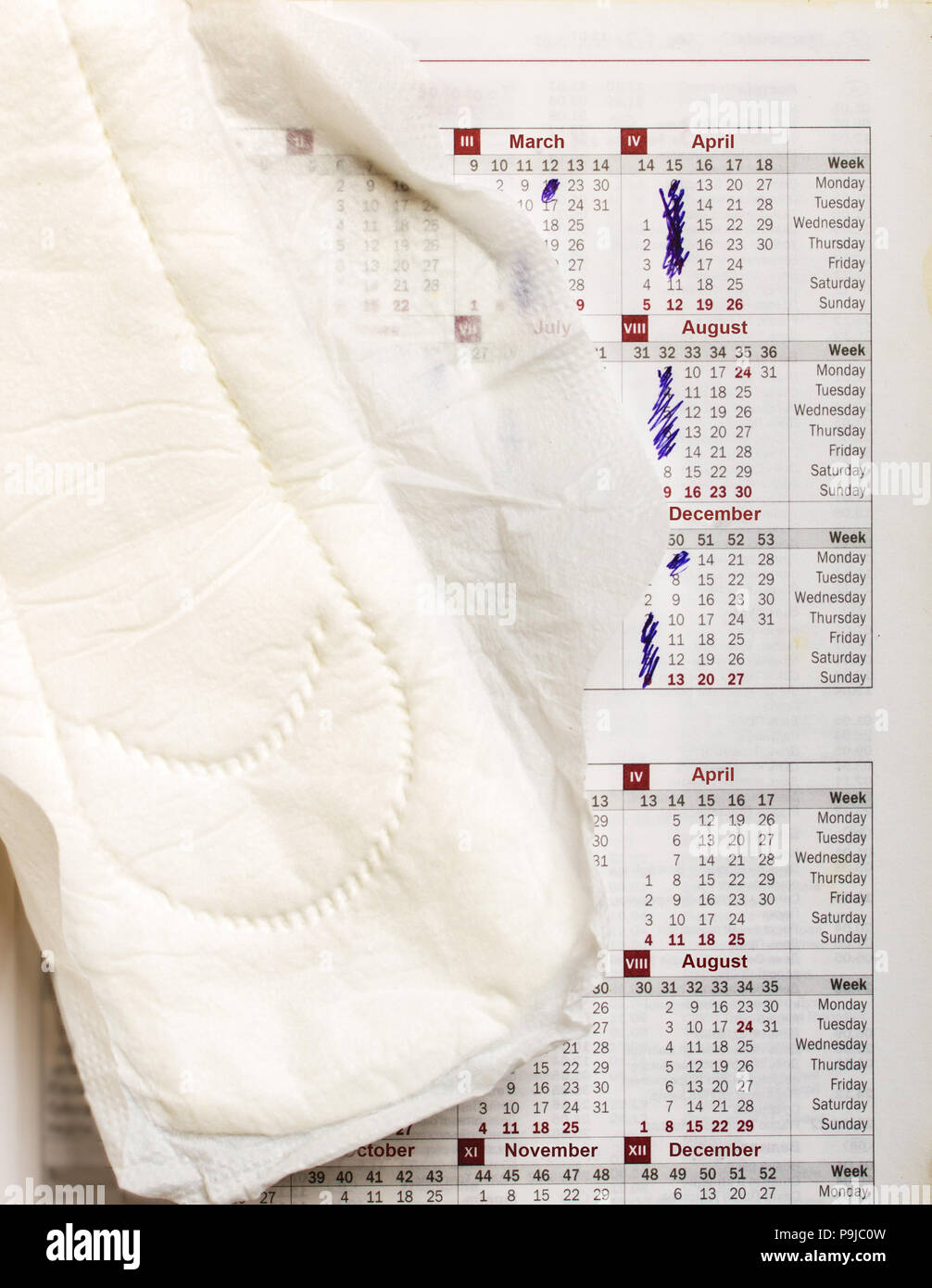 Hygienic liner lying over the calendar with marked days when menstrual