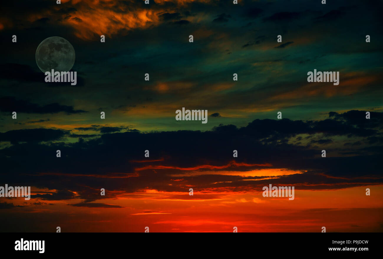 Red Sky During Sunset With A Big Moon In The Full Moon Phase And The Silhouette Of A Small Plane Image Of Nature Stock Photo Alamy