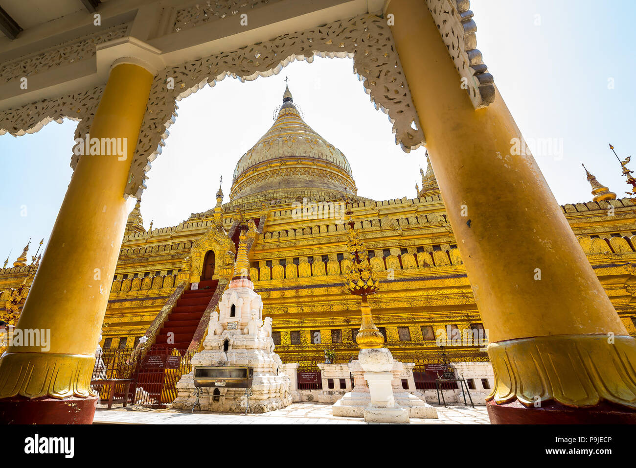 The Shwezigon Pagoda or Shwezigon Paya is a Buddhist temple located in Nyaung-U, a town in Myanmar. Stock Photo