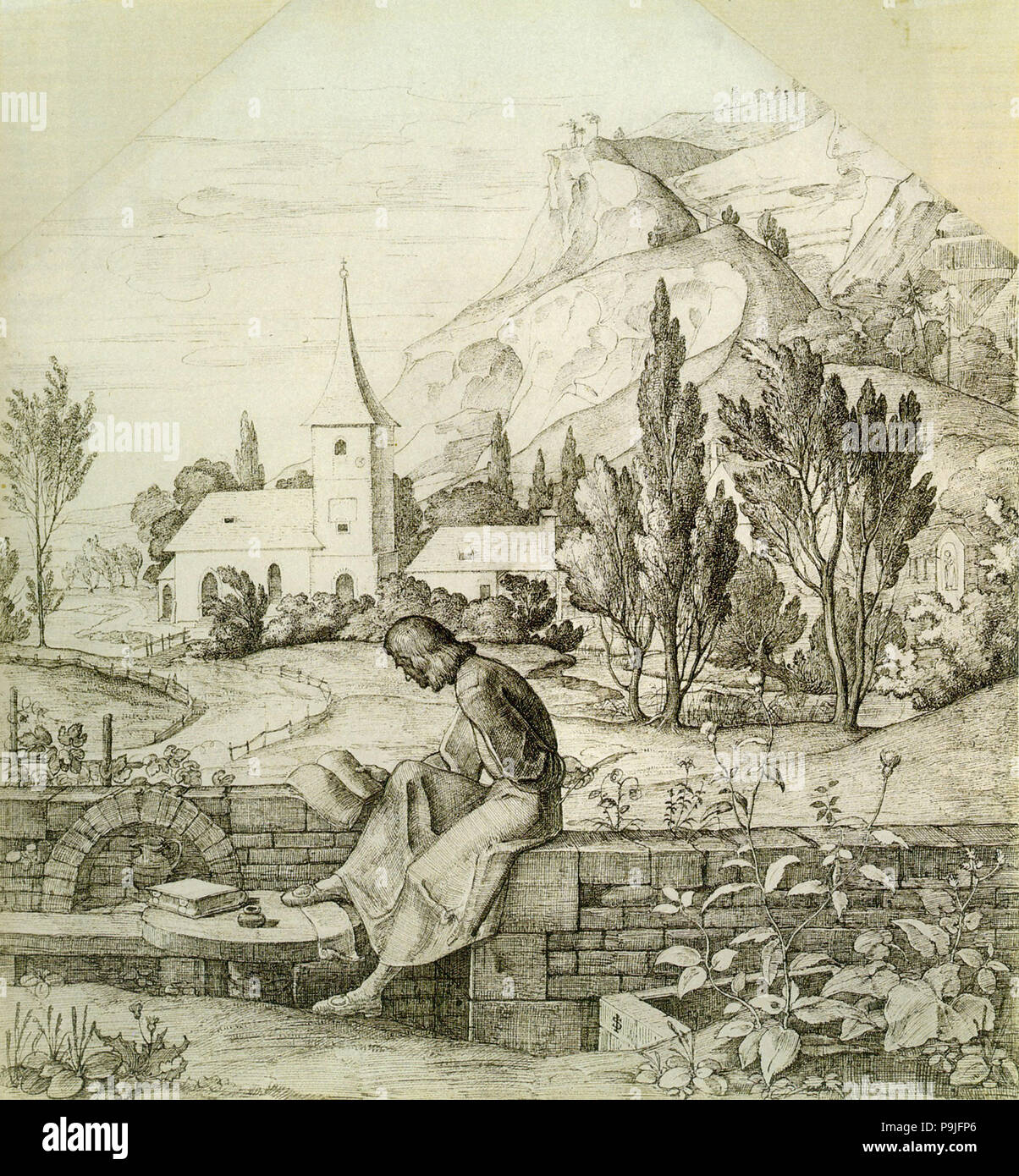 Schnorr Von Carolsfeld  Julius - Lesender Dichter in Der Landschaft Stock Photo