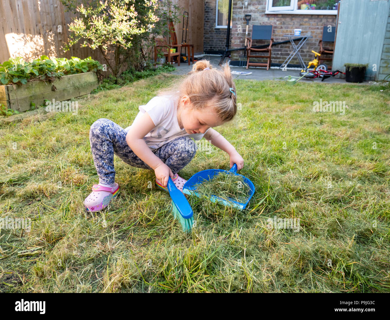 Three year old girl sweeping up cut grass in the back garden, London, UK Stock Photo