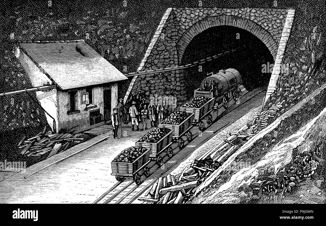 Railway entering the Saint - Gothard tunnel, in the Swiss Alps, engraving 1877. Stock Photo