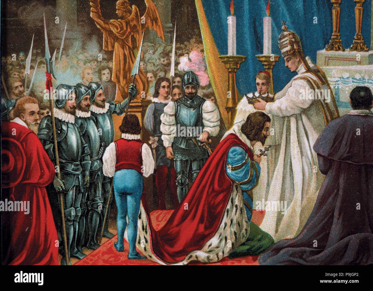 Drawing of the coronation as emperor by Pope Clemente VII in 1529. Charles V (1500-1558) King of Spain and Emperor of Germany.