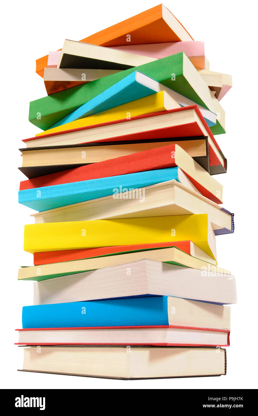 Very tall pile of books isolated on white background, low angle view Stock Photo