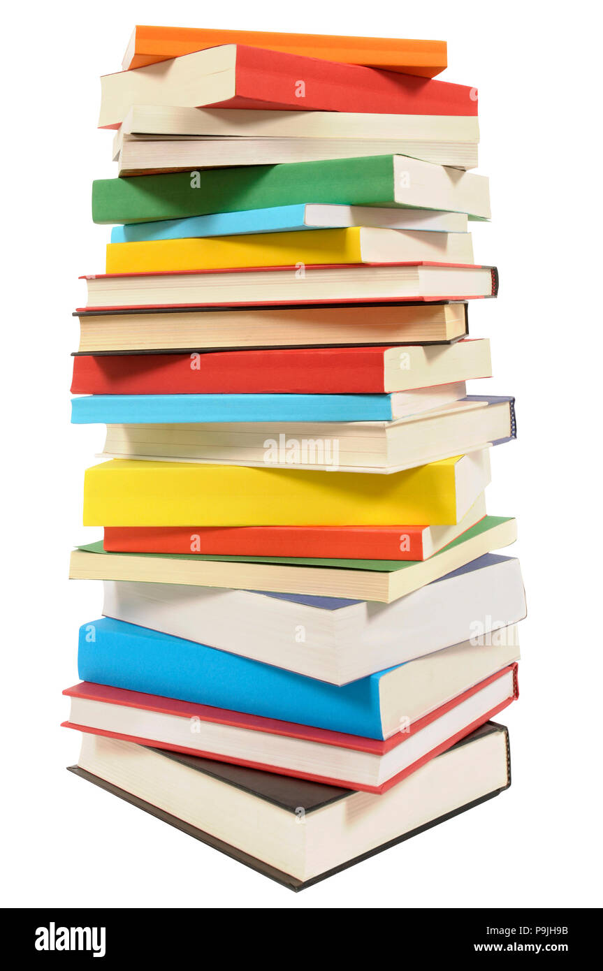 Very tall pile of books isolated on white background Stock Photo Alamy