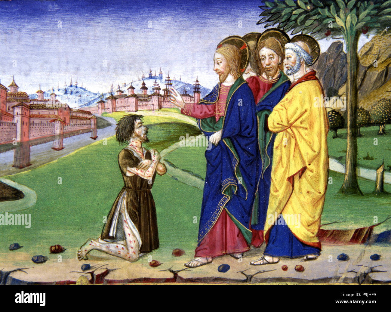 A leper approaches Jesus and asks him to cure the illness: Jesus agrees, miniature in the codex o… Stock Photo
