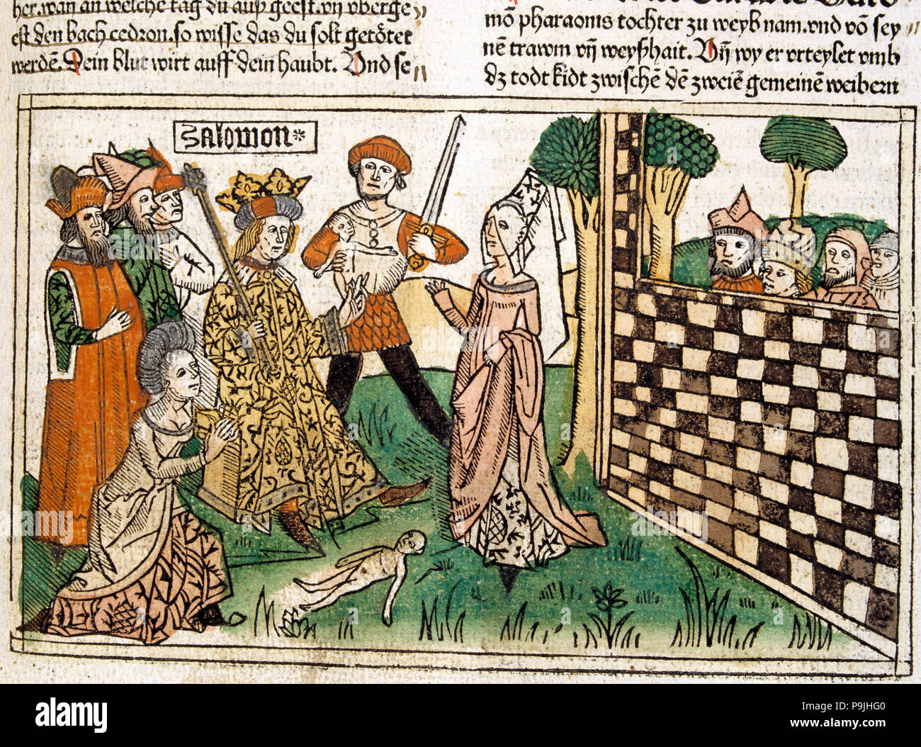 King Solomon's judgment, scene in the Bible of Nuremberg written in German, 1483. Stock Photo