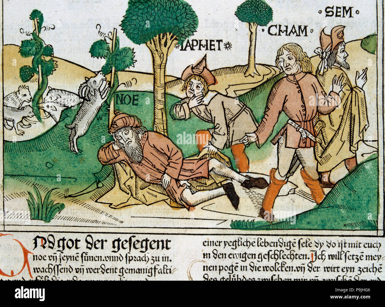 Noah and his sons, scene in the Bible of Nuremberg written in German, 1483. Stock Photo