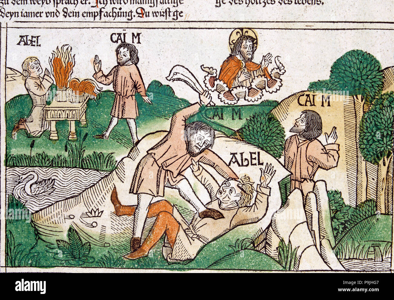Cain and Abel, scene in the Bible of Nuremberg written in German, 1483. Stock Photo