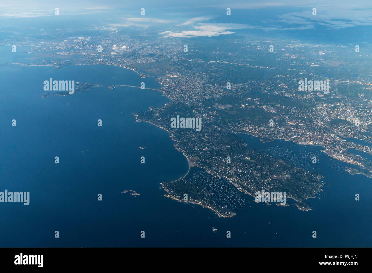 Aerial view, Marblehead Harbor and  Boston, Mass., USA, North America Stock Photo