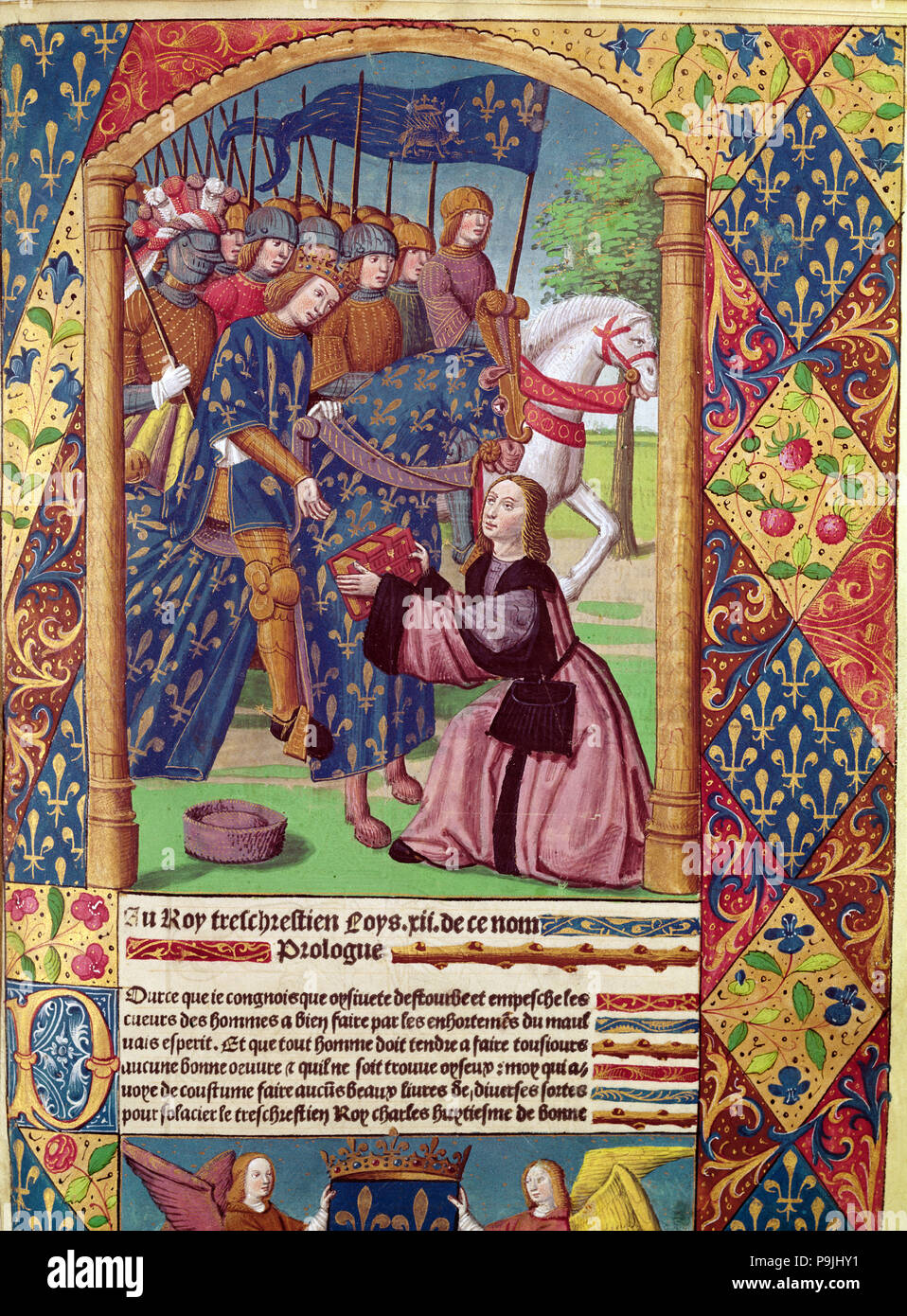 The author presents the book 'Ogier le Danois' to the king of France, Louis XII, miniature in the… Stock Photo