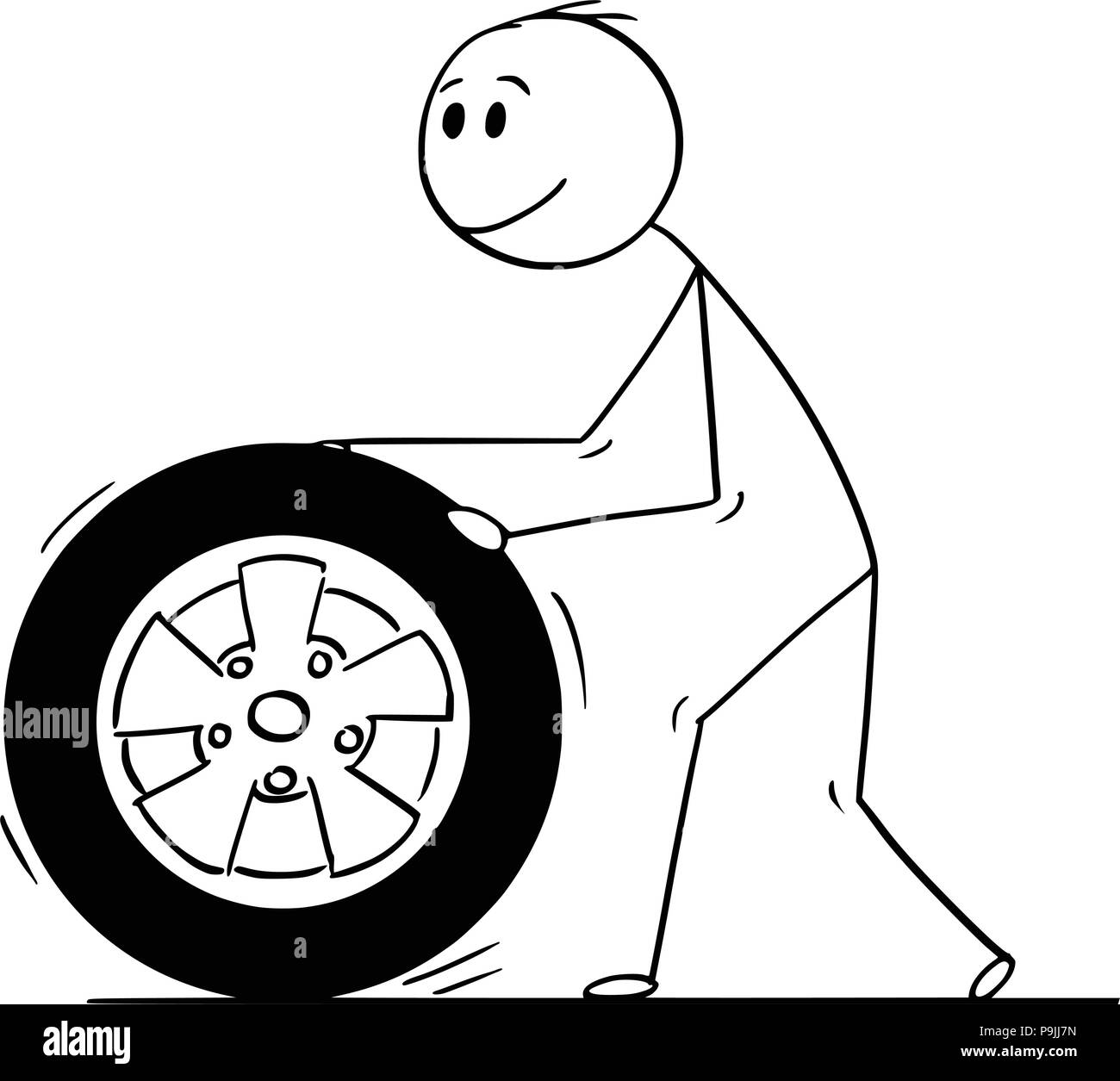 Cartoon of Man Rolling Car Wheel and Tyre Stock Vector