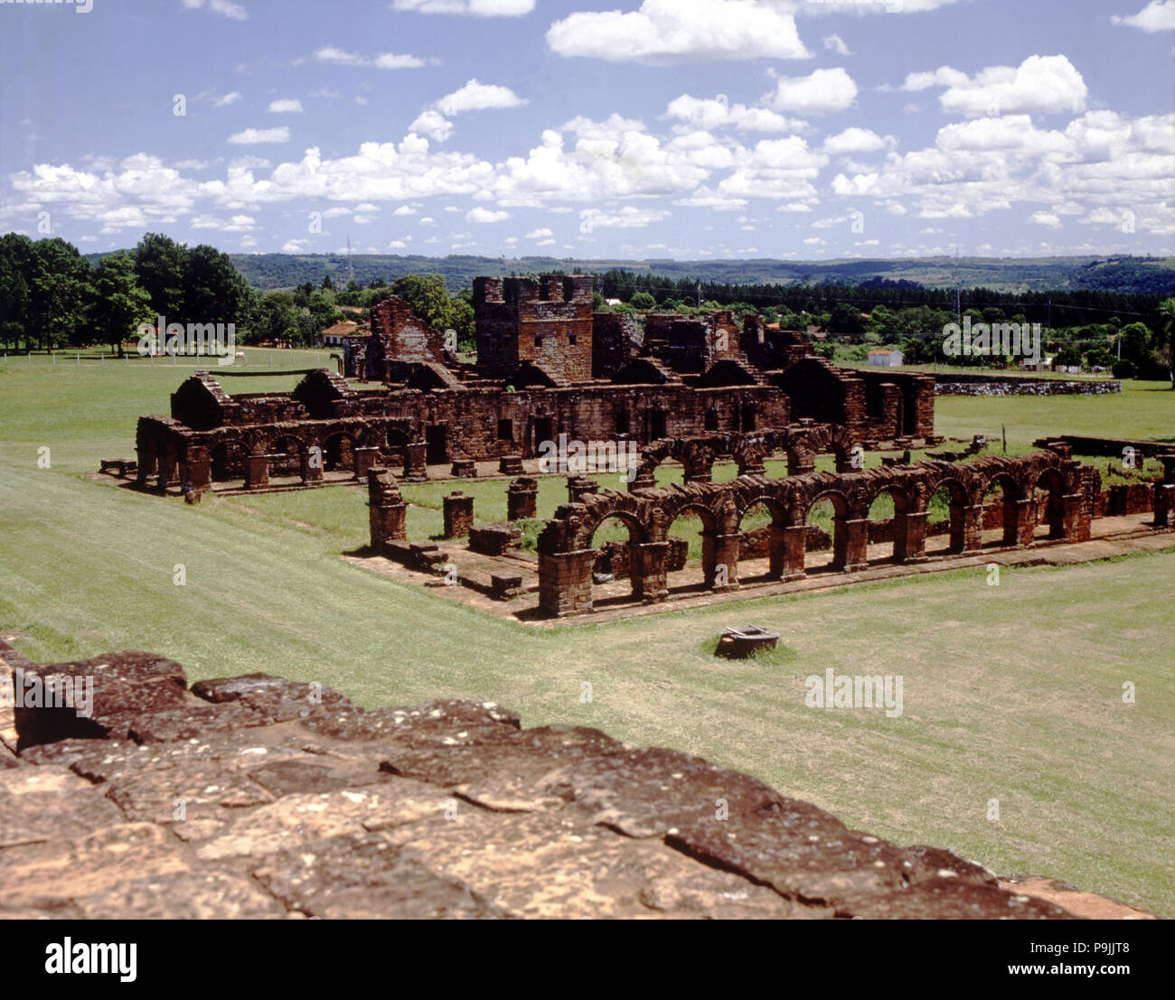 Ruins of the Reducción Jesuita de Trinidad, Indian houses and bell tower of the provisional churc… Stock Photo