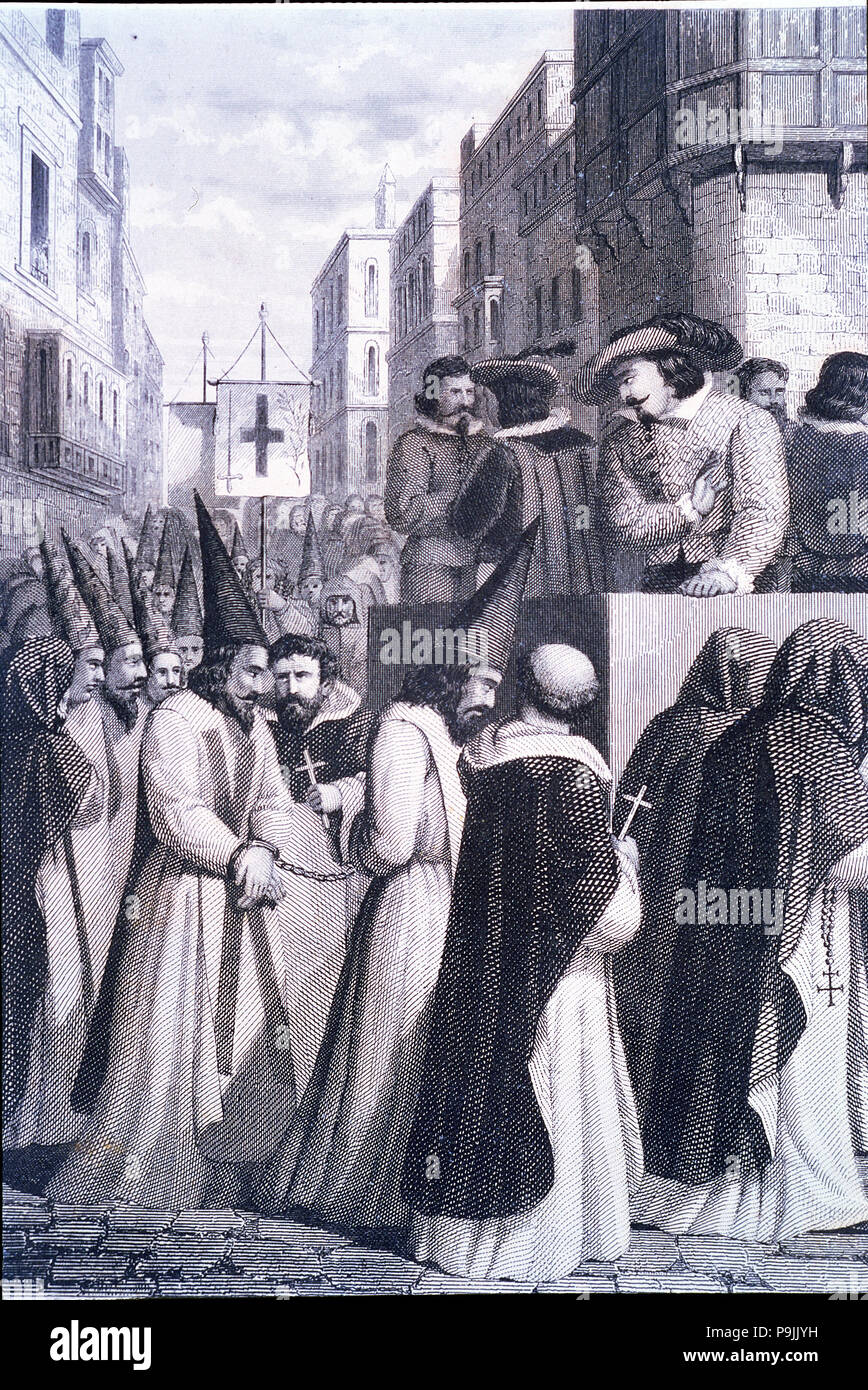 Driving prisoners sentenced by the Court of the Inquisition to an auto-da-fe, 1610, etching, 1860. Stock Photo